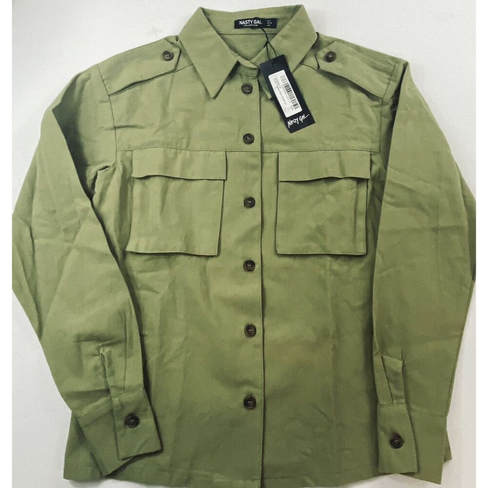 Nasty Gal Womens Size 2 Green Button Up Long Sleeve Shoulder Straps Cargo Shirt